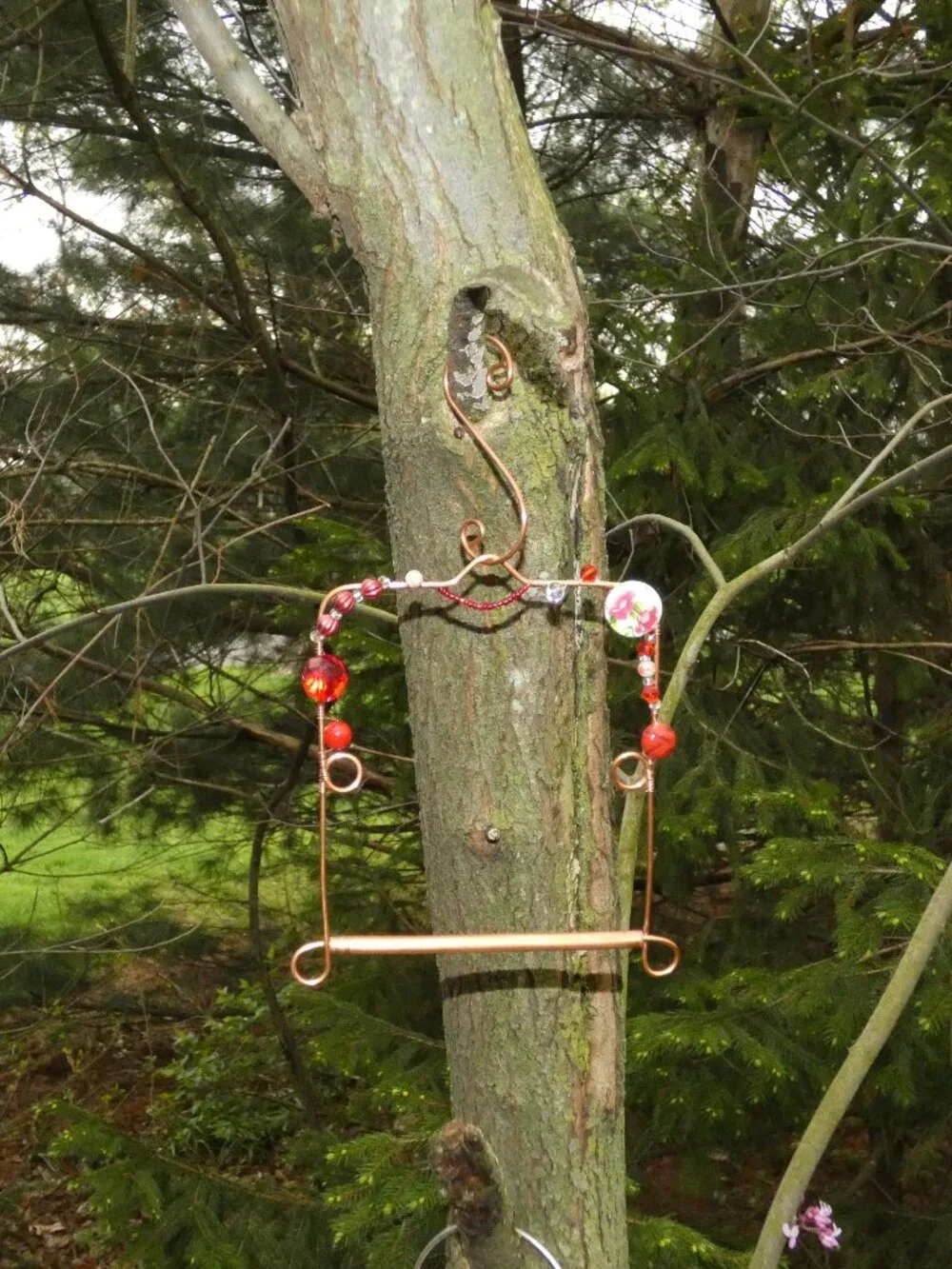 Copper Hummingbird Perch Swing with Detachable Copper Hook Red Beads